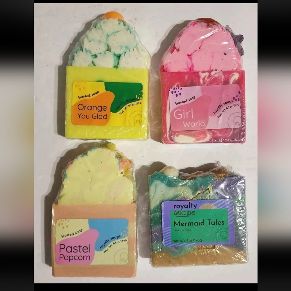 4 New Frosted Glitter Girl Artisan Soap Bars Soaps Mermaid Tales Popcorn Orange